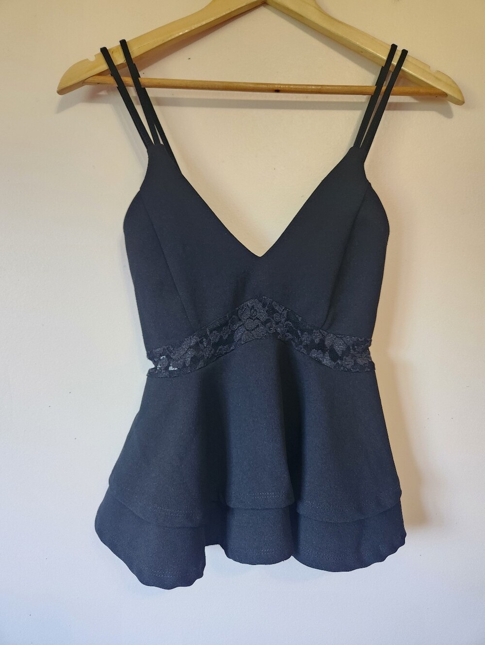Revamped Black Lace Inset Double Strap Peplum Cami Top Dark Coquette Size Small